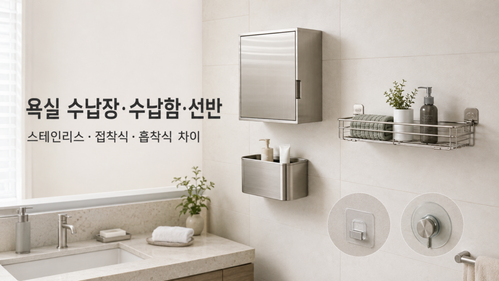 욕실 수납 3종, 접착·흡착 비교